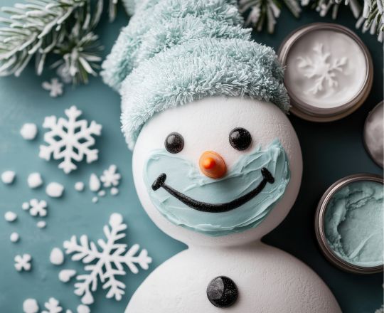 snowman and spa products on a blue background